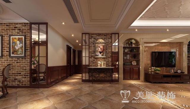 餐廳吊頂及背景墻面文化石和護墻板完美結合，美式鄉土味十足